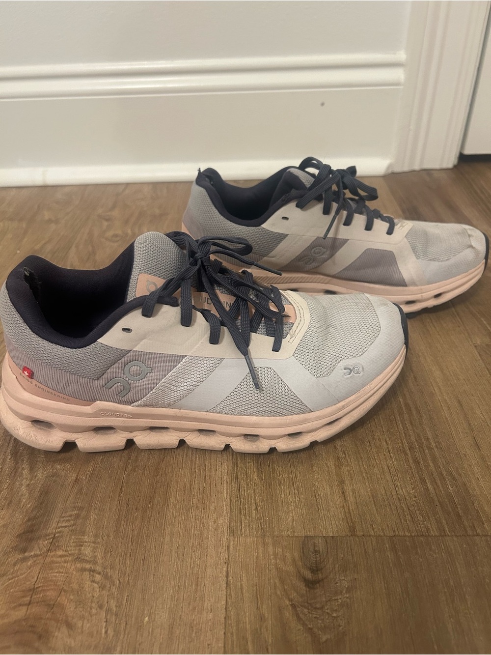 On Cloud Light Gray and Blush Pink Tennis Shoes